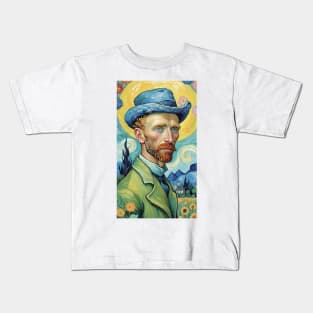 Starry Night Reverie: Van Gogh Portrait Inspired by Starry Night Painting Kids T-Shirt